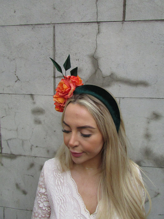 Bottle Green & Orange Floral Fascinator