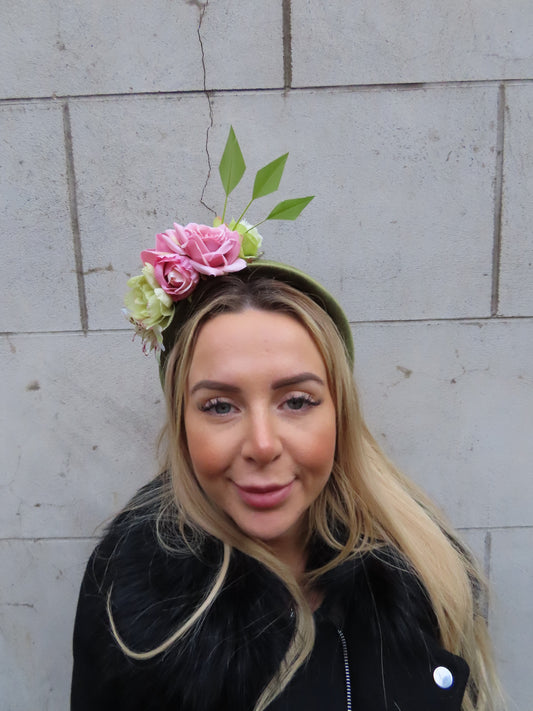 Olive Green & Dusky Pink Flower Headpiece