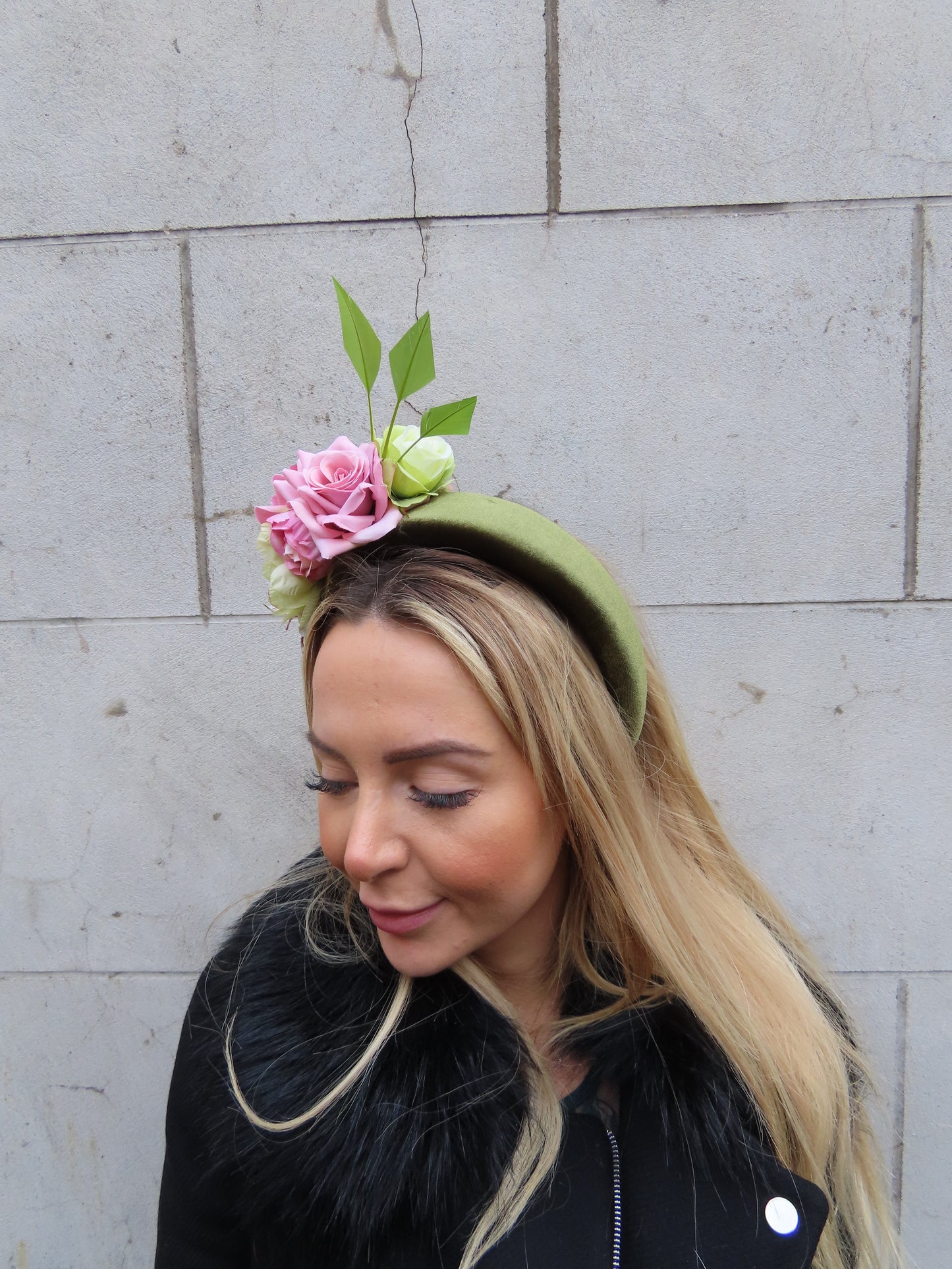 Olive Green & Dusky Pink Flower Headpiece