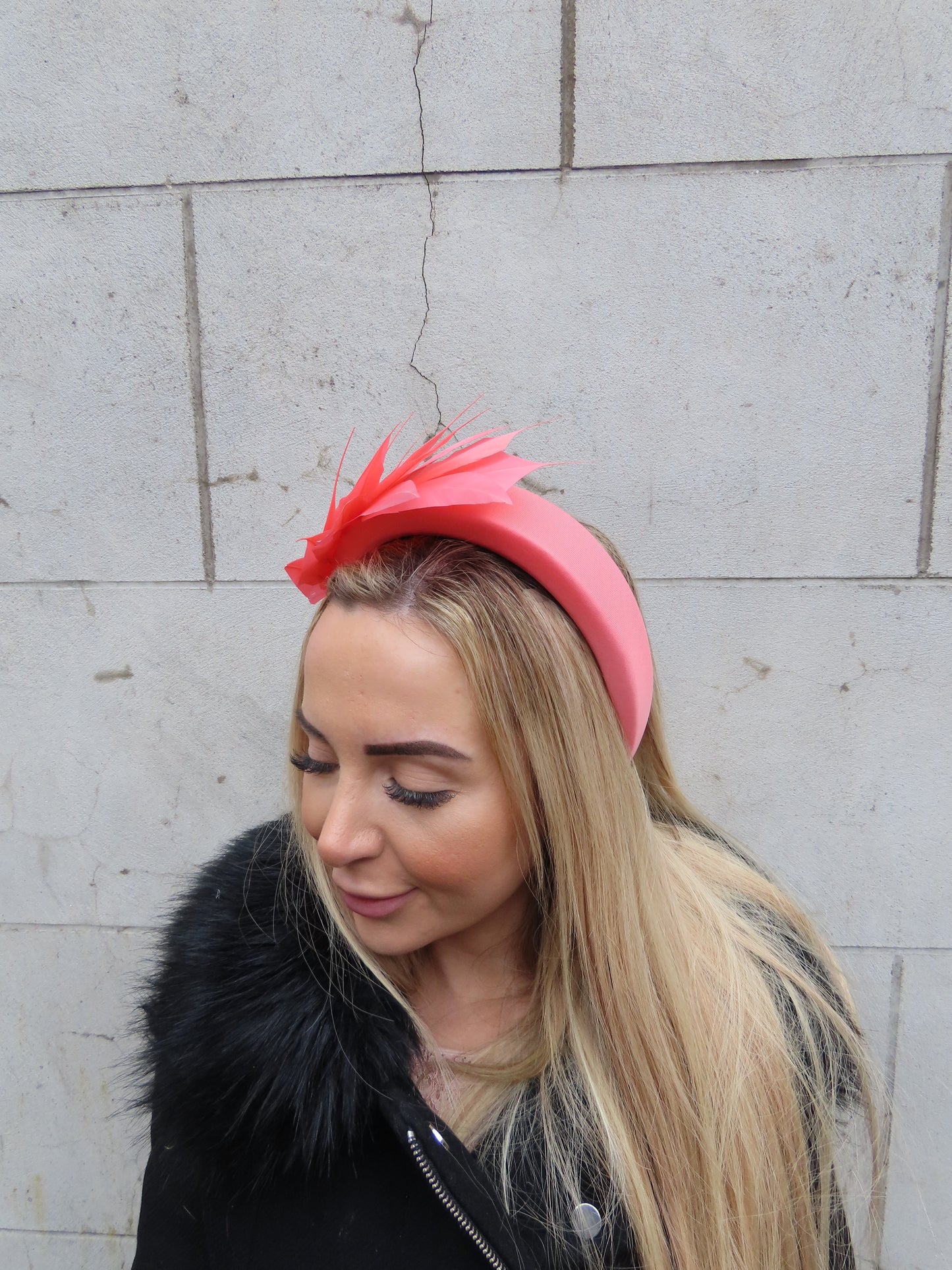 Coral Feather Padded Headband Fascinator