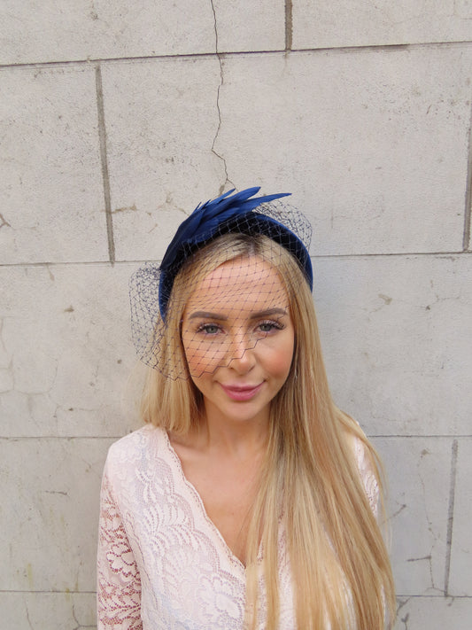 Navy Blue Birdcage Veil Feather Headband