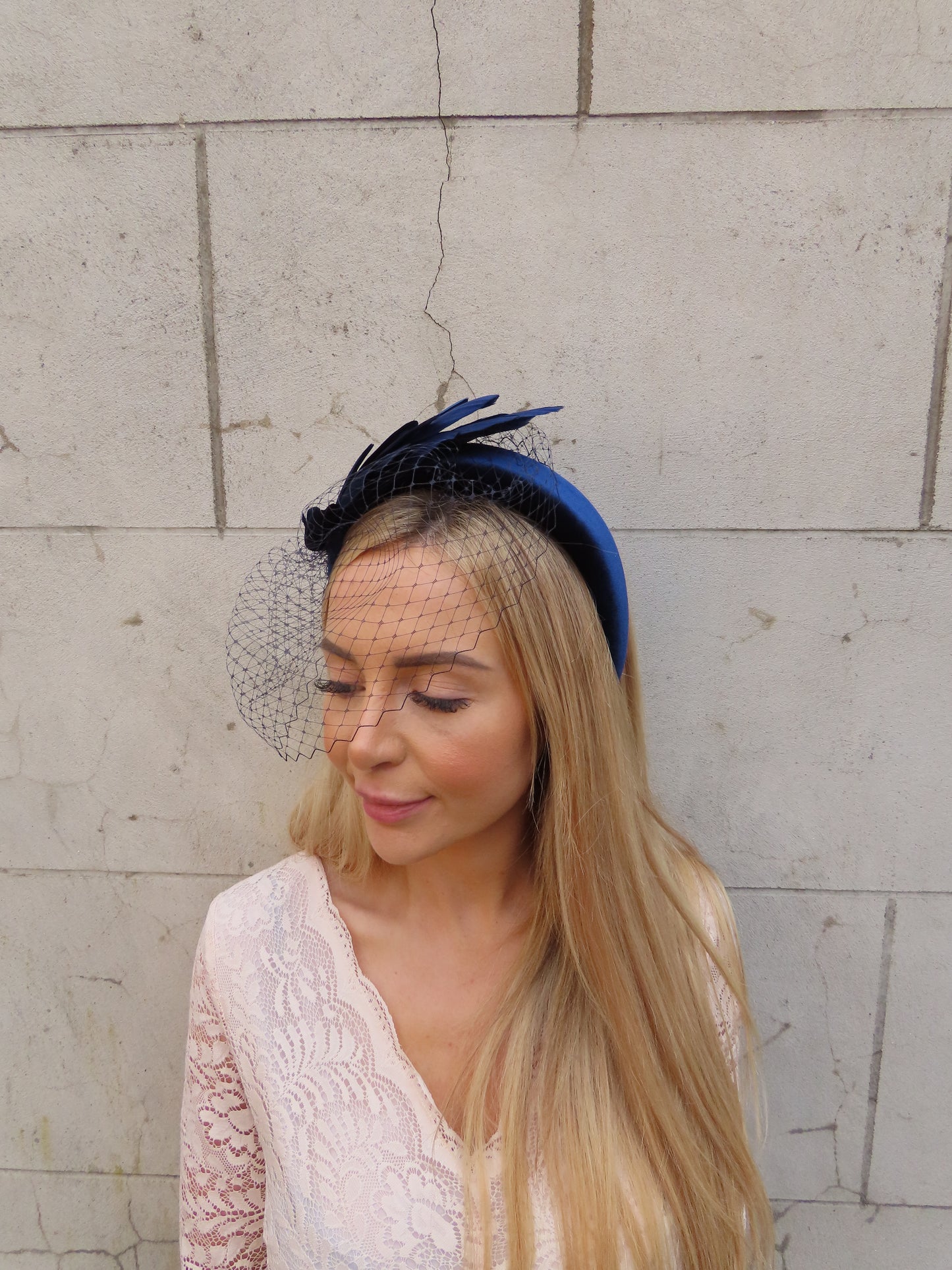 Navy Blue Birdcage Veil Feather Headband