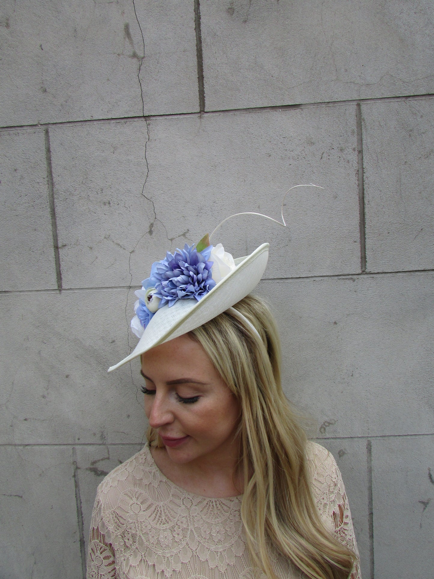 Large Cream & Cornflower Blue Teardrop Hat