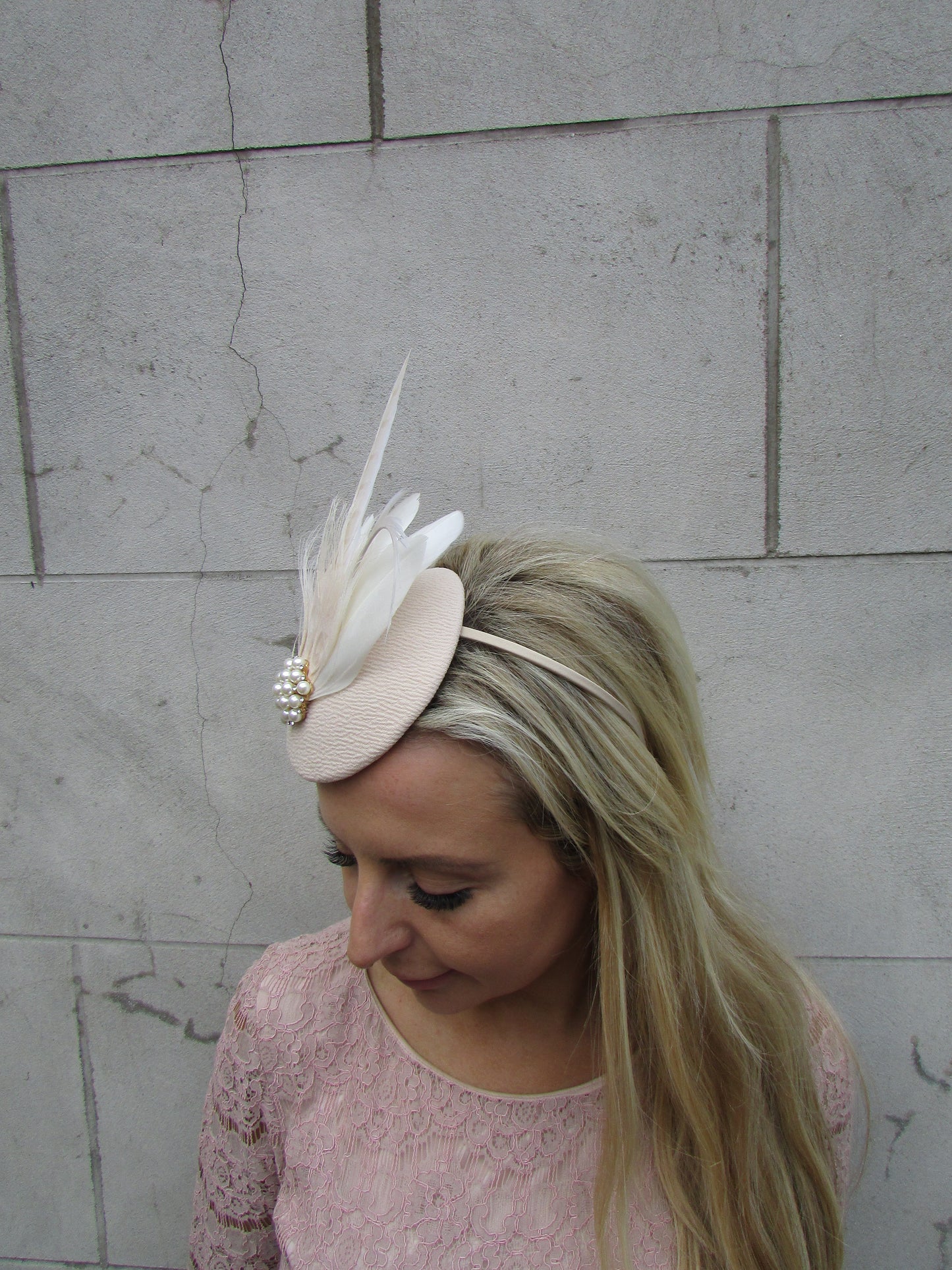 Beige Champagne Feather Pillbox Hat