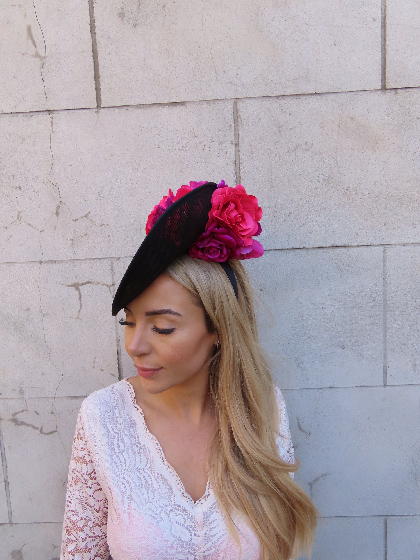 Black & Pink Floral Dramatic Teardrop Hat