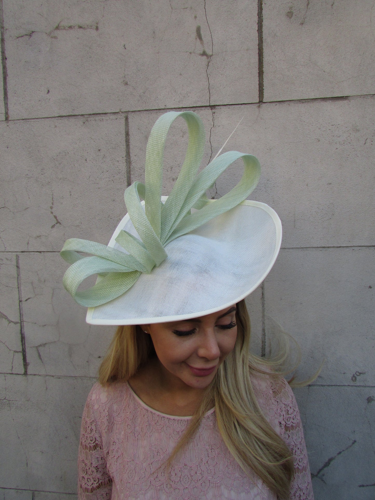 Large Cream & Mint Teardrop Fascinator Hat