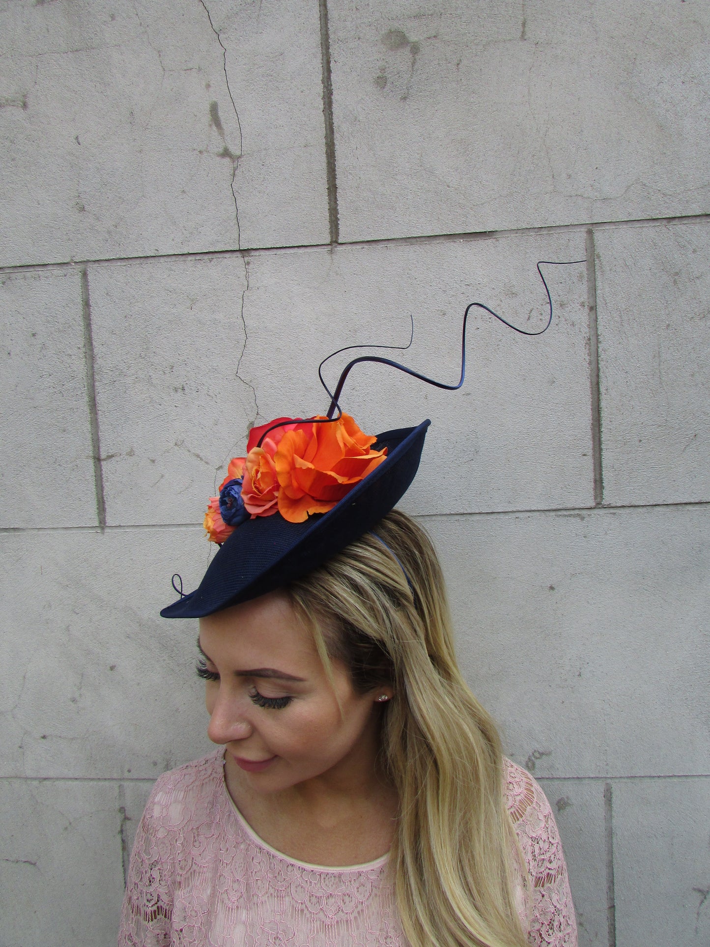 Large Navy Blue & Orange Flower Teardrop Hatinator