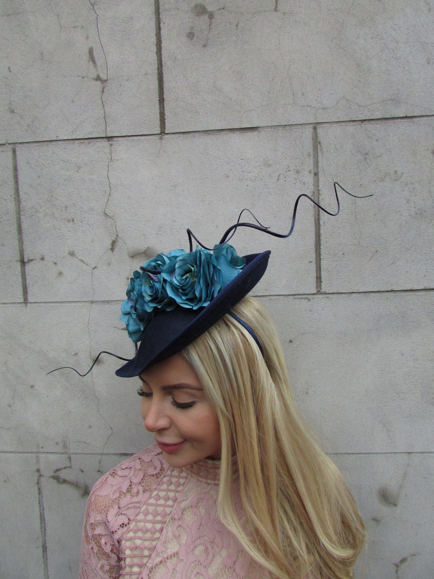 Navy Blue & Teal Rose Flower Large Hat