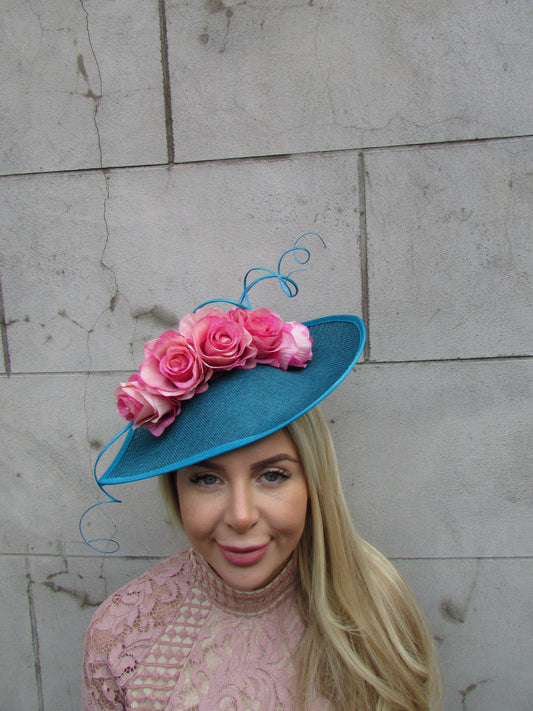 Teal & Nude Pink Rose Flower Teardrop Hat