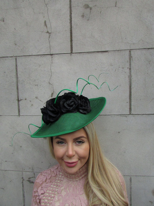 Large Black & Emerald Green Floral Hat Fascinator