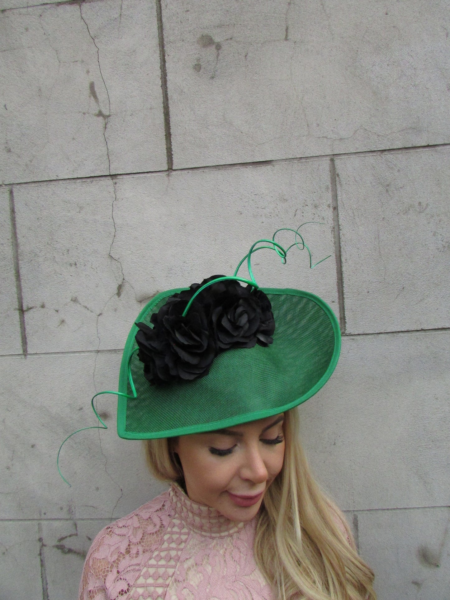Large Black & Emerald Green Floral Hat Fascinator