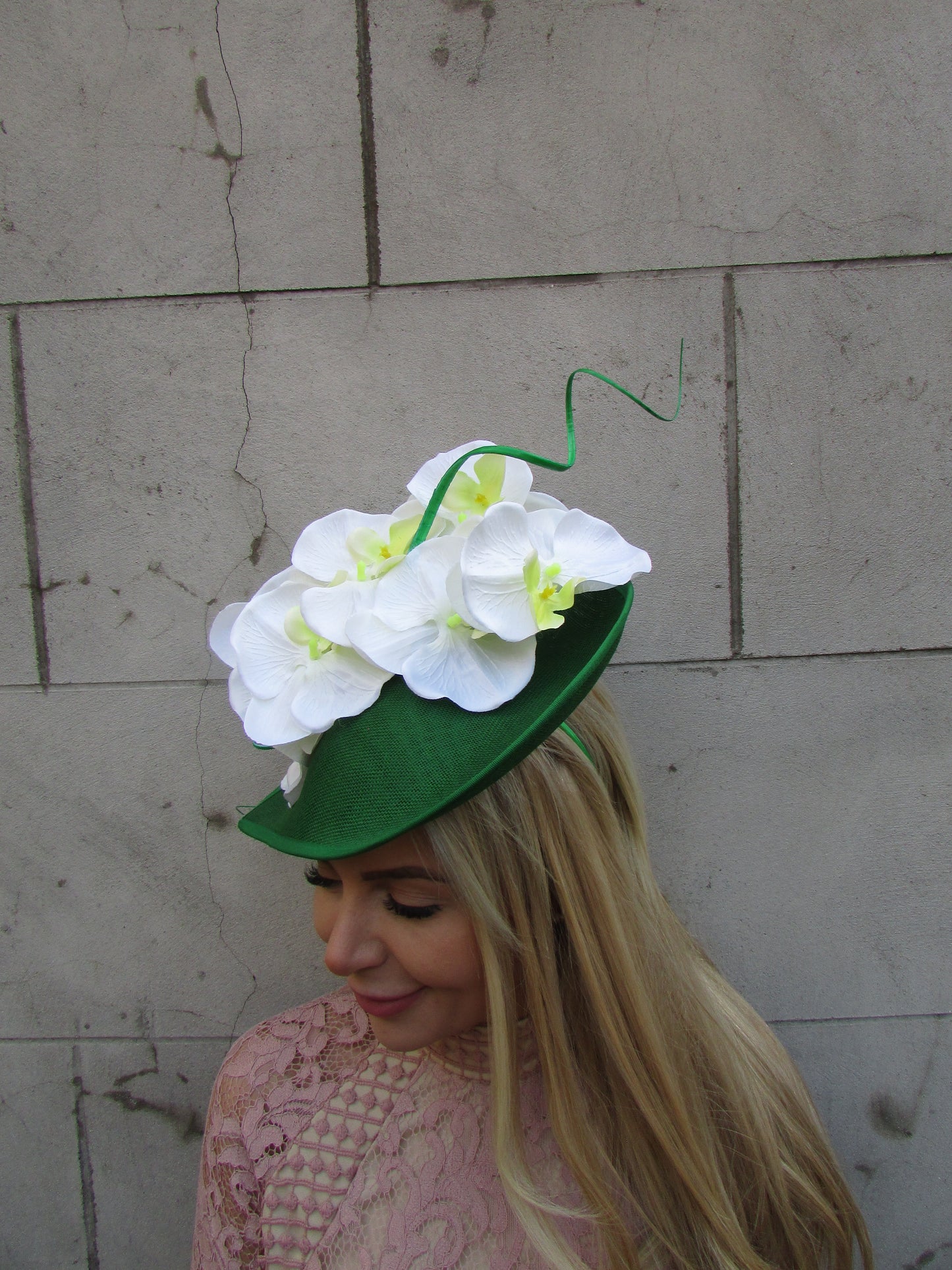 Large Cream & Green Orchid Flower Ascot Hat