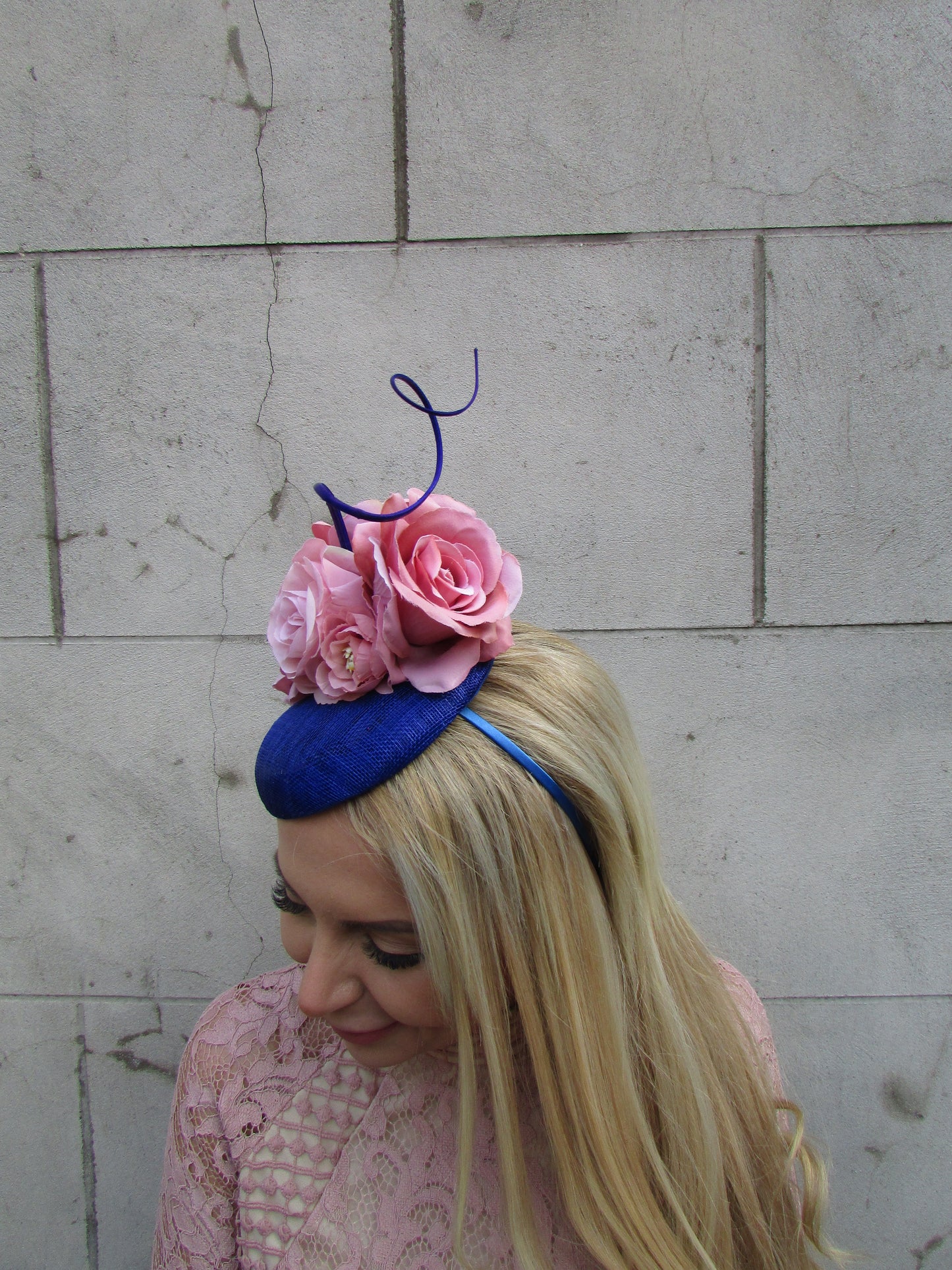 Royal Blue & Dusky Pink Flower Pillbox Hat