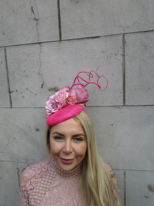 Hot Pink & Dusky Pink Flower Pillbox Hat