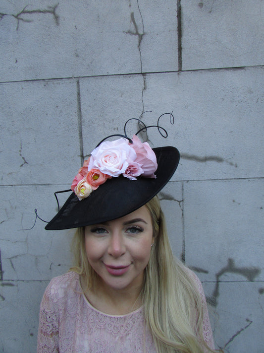 Large Black & Peach Pink Fascinator Hat