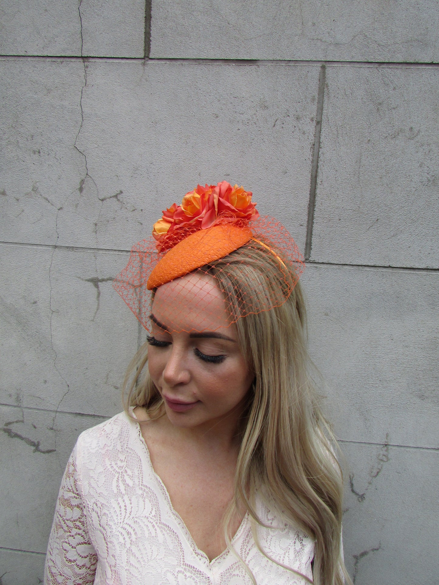 Orange Snakeskin Flower Veil Hat