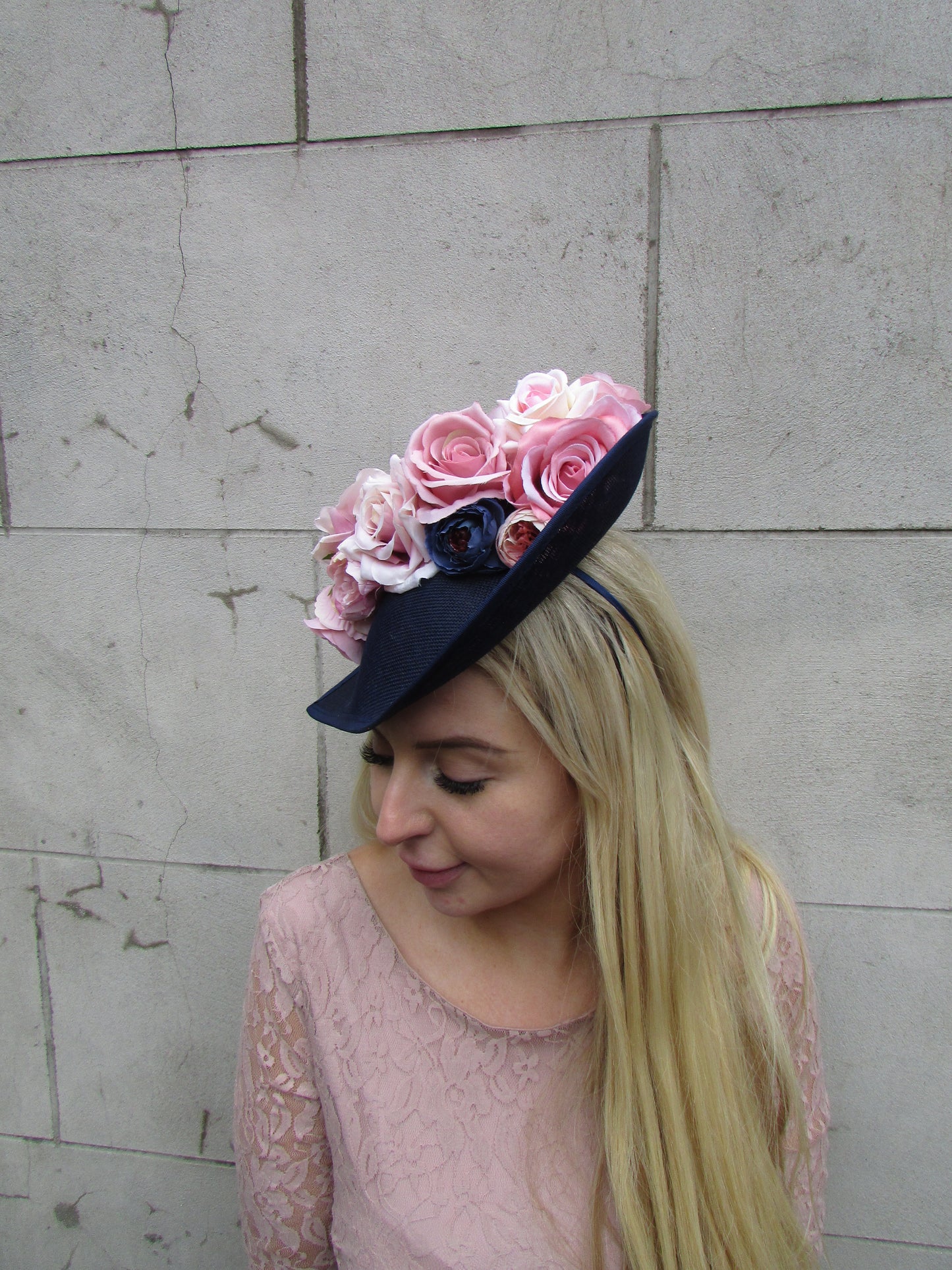 Large Navy Blue & Dusky Pink Floral Hatinator