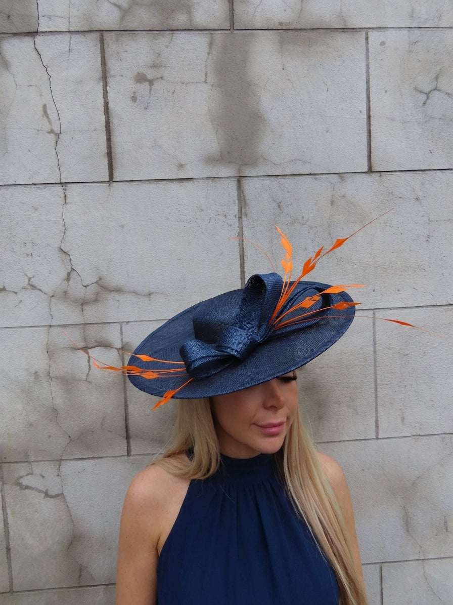 Orange & Navy Blue Feather Boater Hat