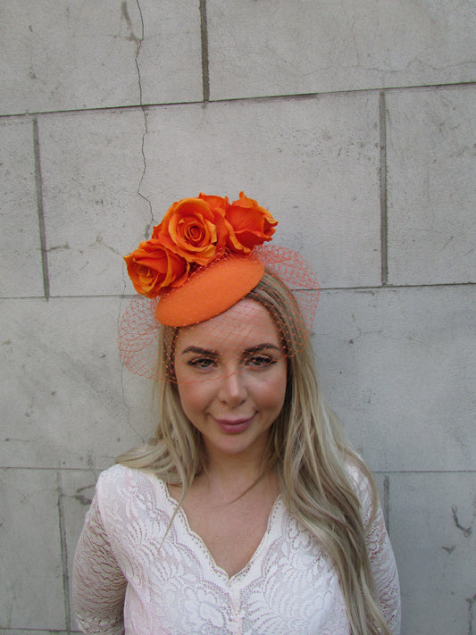 Orange Rose Birdcage Veil Fascinator Hat
