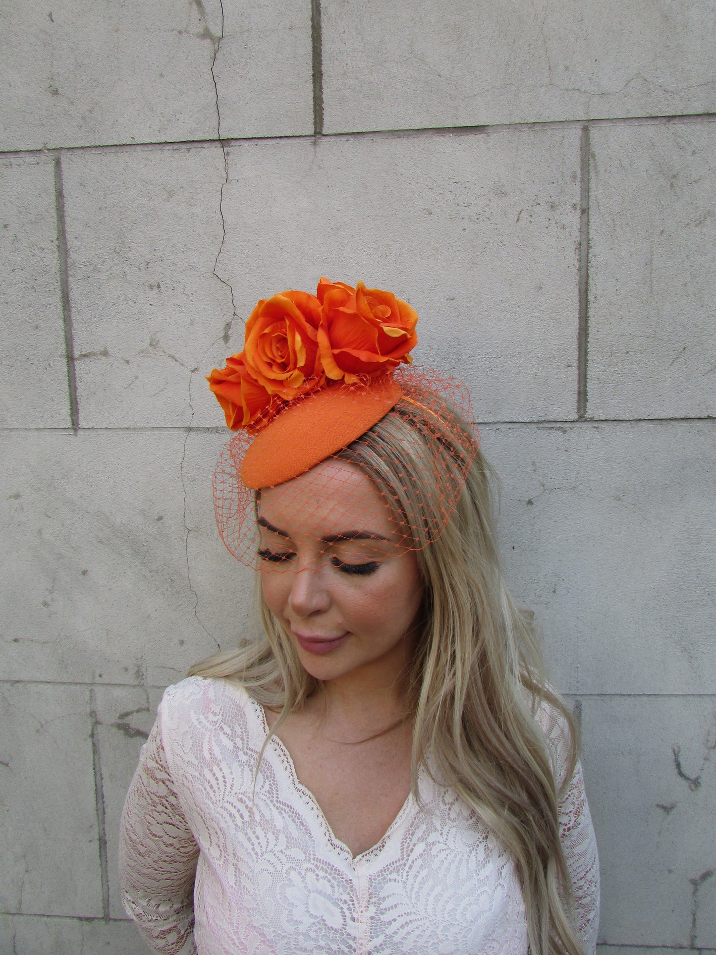 Orange Rose Birdcage Veil Fascinator Hat
