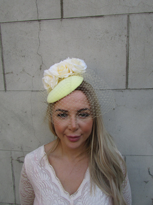 Lemon Yellow Rose Birdcage Veil Fascinator Hat