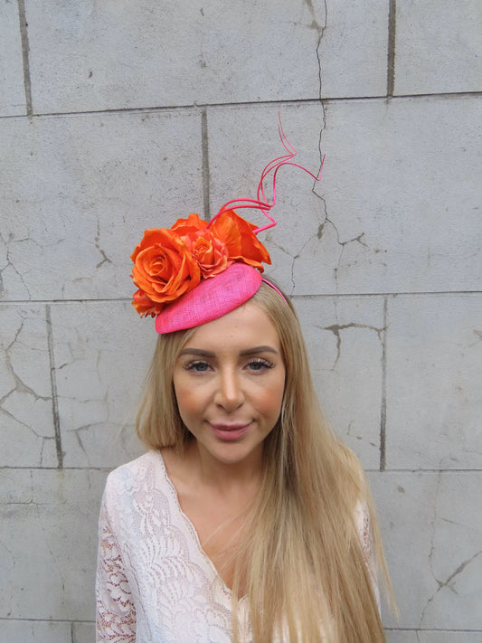 Hot Pink & Orange Flower Hat Fascinator
