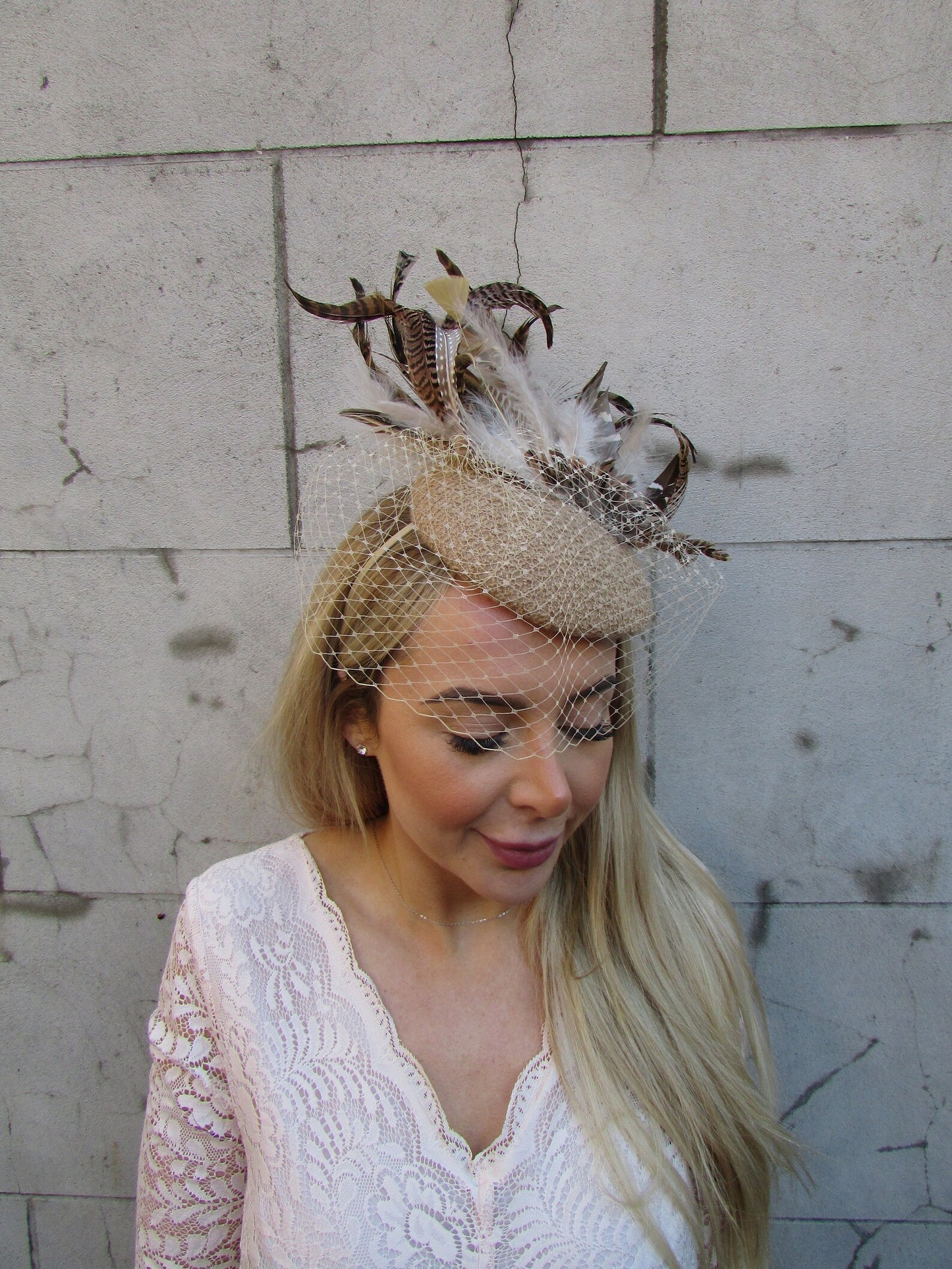 Beige Pheasant Feather Veiled Hat