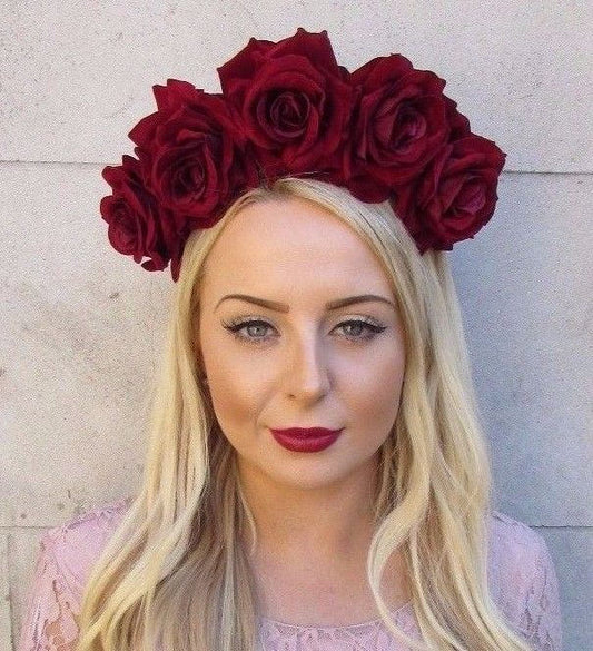 Large Burgundy Rose Flower Headpiece