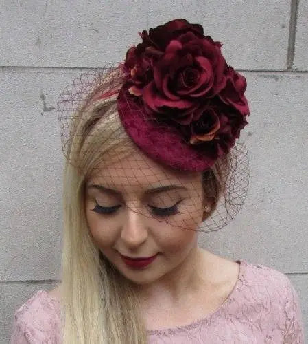 Burgundy Rose Birdcage Veil Hat Fascinator