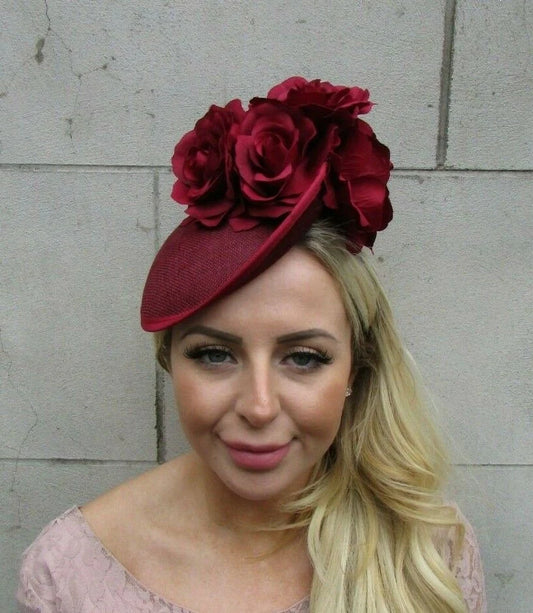 Burgundy Fascinator Hat Tilted Rose Flower Disc