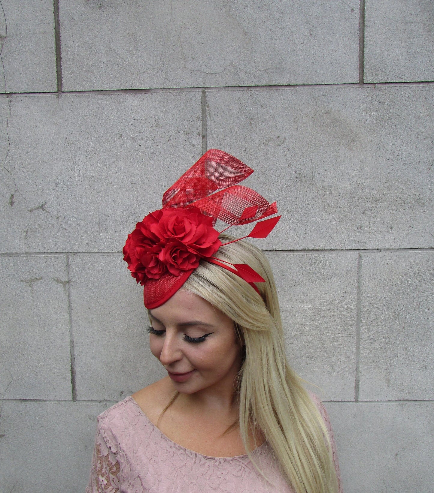 Red Rose Flower Fascinator Pillbox Hat Sinamay