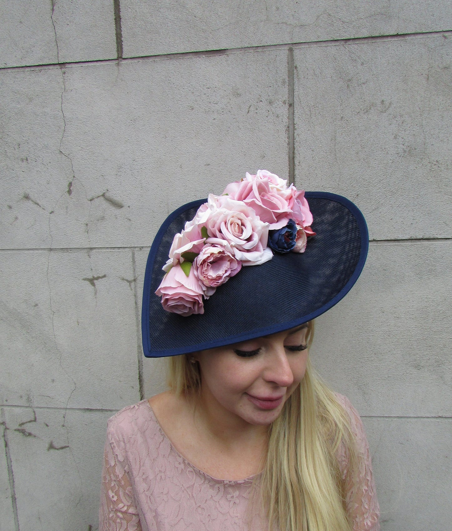 Navy Blue & Dusky Pink Floral Hat Teardrop Fascinator