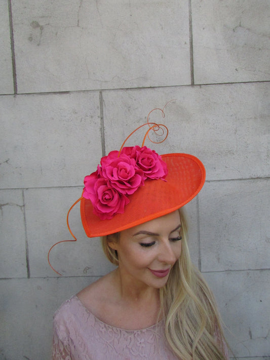 Large Hot Pink Burnt Orange Fascinator Hat Flower Teardrop