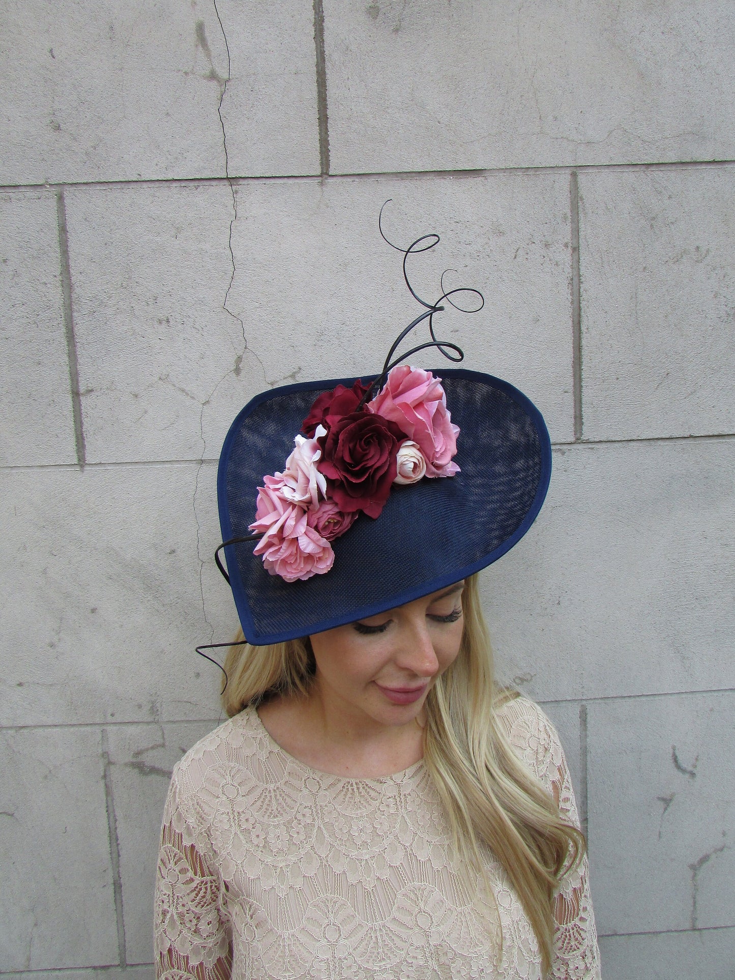 Navy Blue Burgundy & Dusky Pink Floral Fascinator Hat