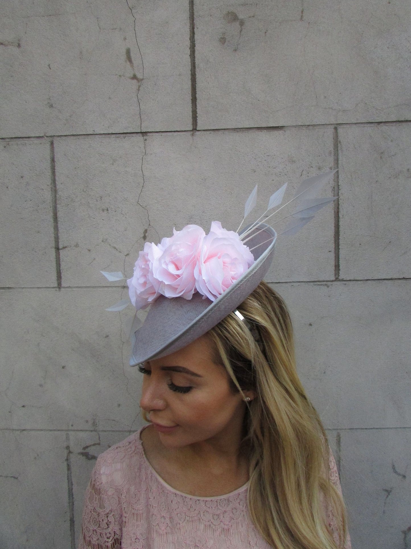 Grey & Pale Pink Teardrop Fascinator Hat