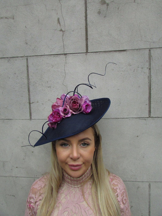 Large Navy Blue & Mauve Flower Teardrop Hatinator