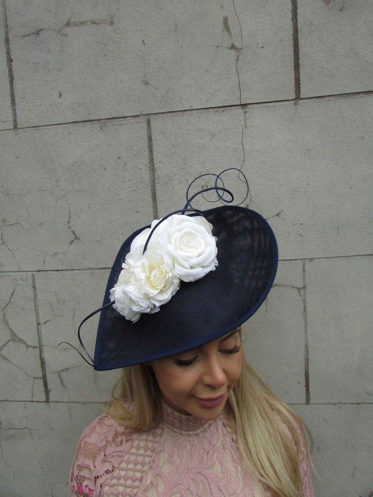 Large Navy Blue & Cream Floral Teardrop Hatinator