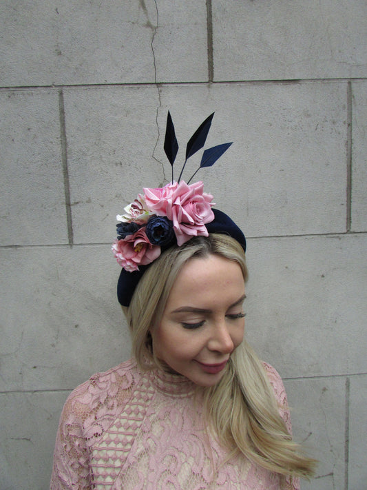 Navy Blue & Pink Velvet Flower Fascinator