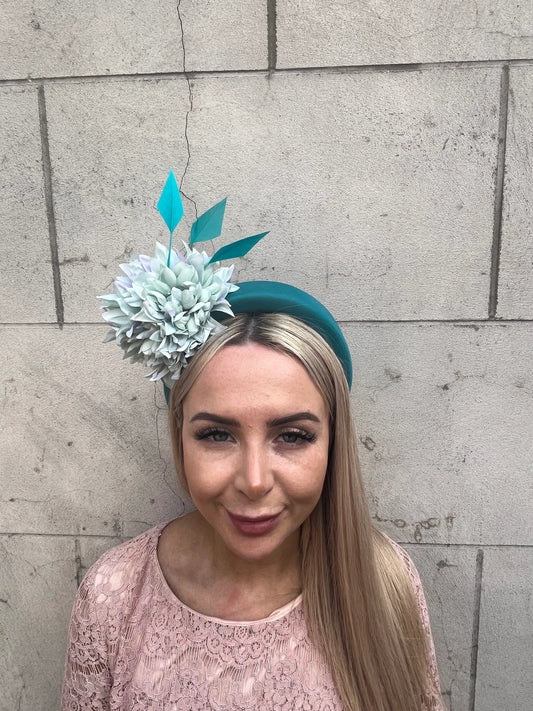 Teal Blue Mint Green Turquoise Flower Padded Headband Fascinator u10107