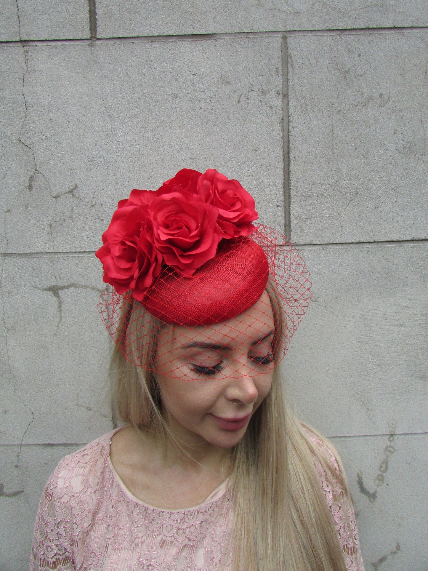 Red Rose Veil Pillbox Hat Fascinator