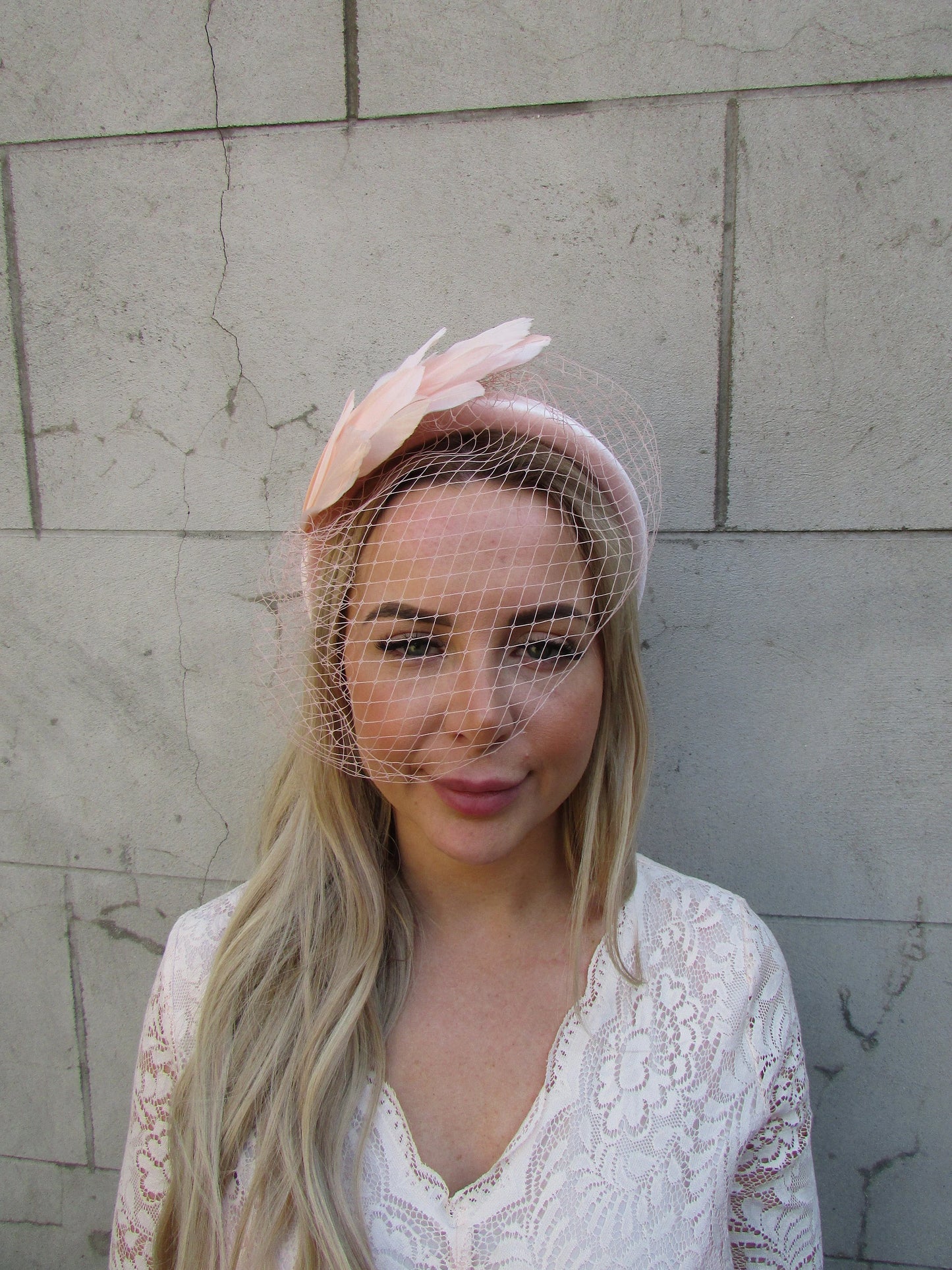 Blush Peach Pink Feather Veil Headpiece