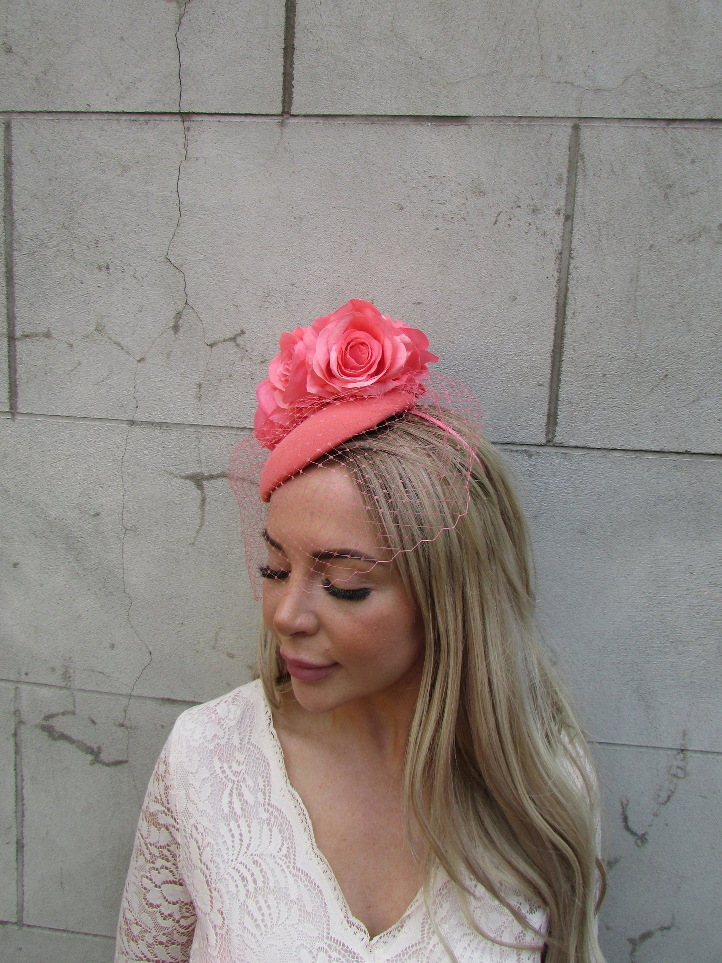 Coral Rose Flower Pillbox Hat Fascinator