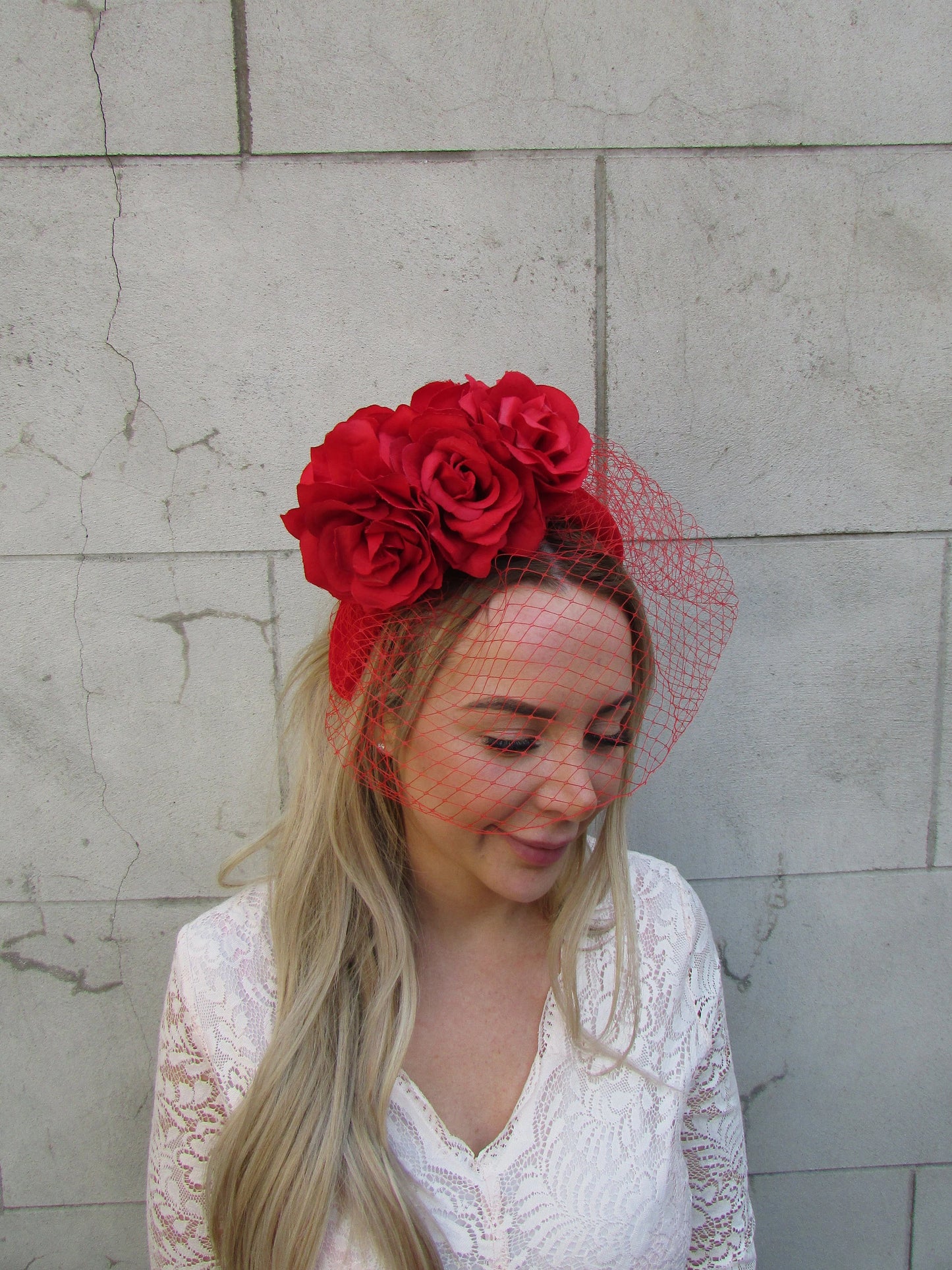 Red Rose Flower Veil Fascinator