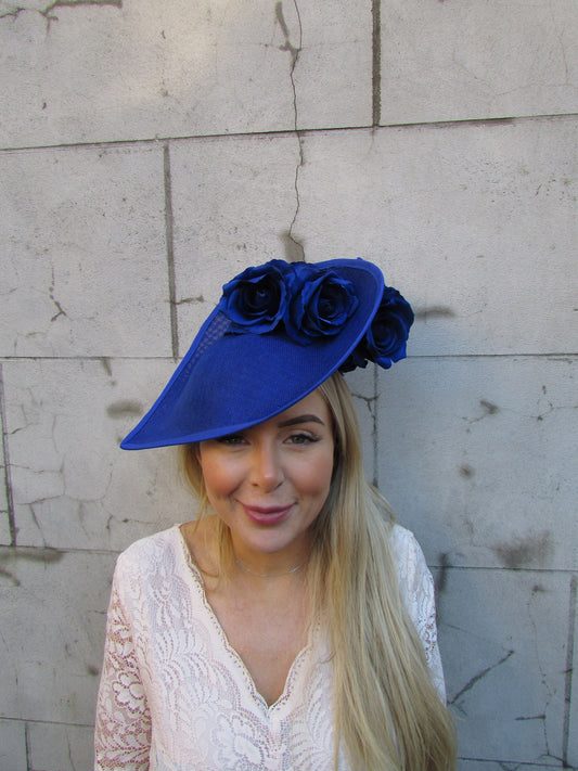 Large Dramatic Cobalt Blue Rose Flower Teardrop Fascinator Hat
