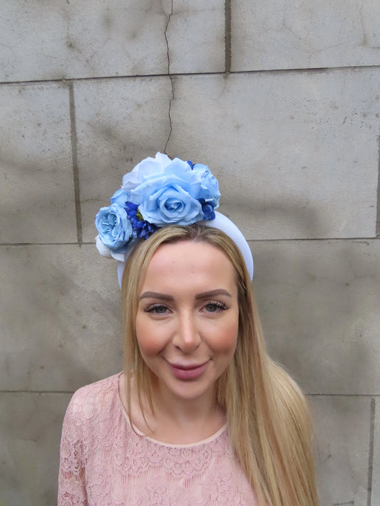 White & Cornflower Blue Flower Headpiece