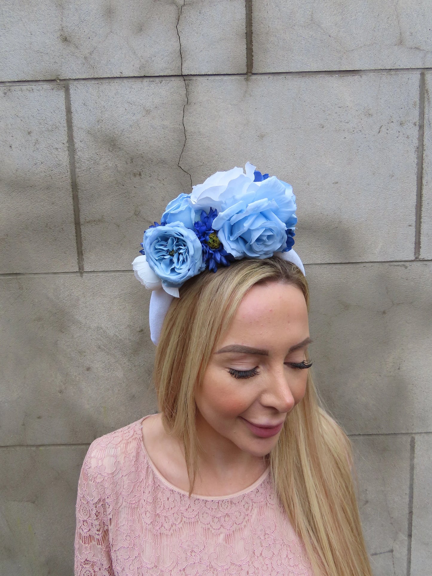White & Cornflower Blue Flower Headpiece
