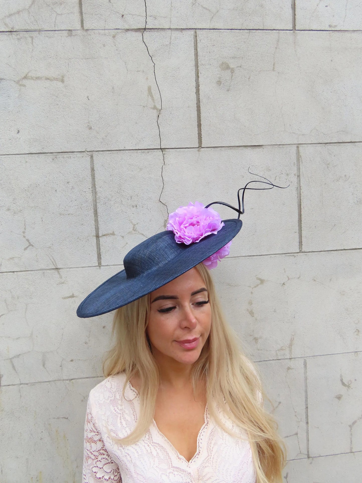 Navy & Lilac Flower Boater Hat