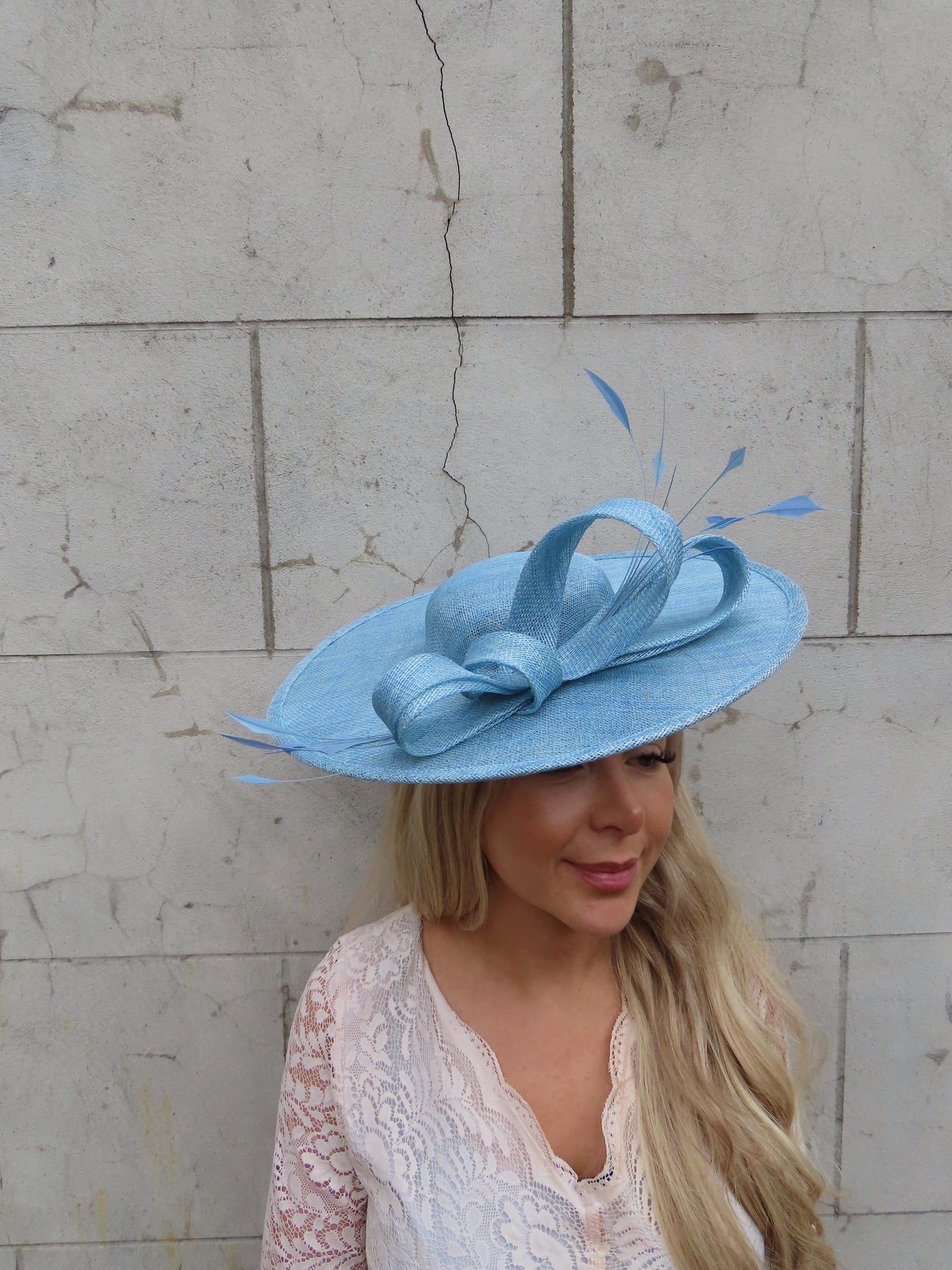 Large Light Blue Feather Sinamay Hat Fascinator Boater Wedding Guest Races