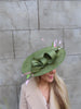 Large Olive Green & Light Pink Feather Sinamay Hatinator Hat Boater