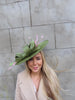 Large Olive Green & Light Pink Feather Sinamay Hatinator Hat Boater